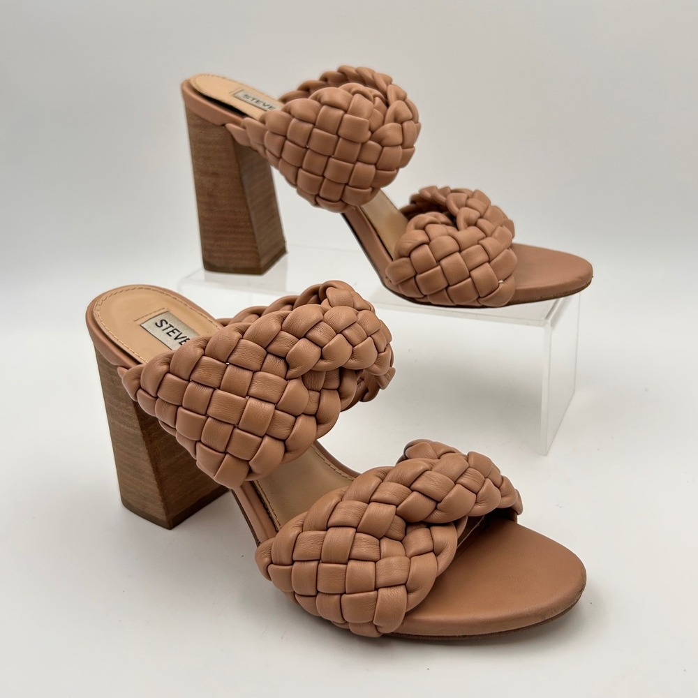 Steve Madden Twisted Sandals Womens 8.5 Tan Braided Puffy Block Heel Mules Boho